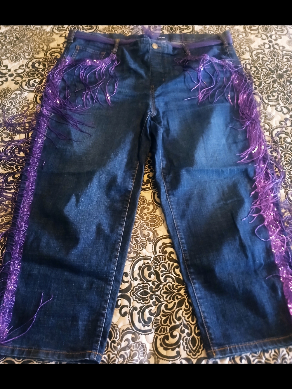 Time and Tru Dark Blue Jeans with Purple Fringe Trim